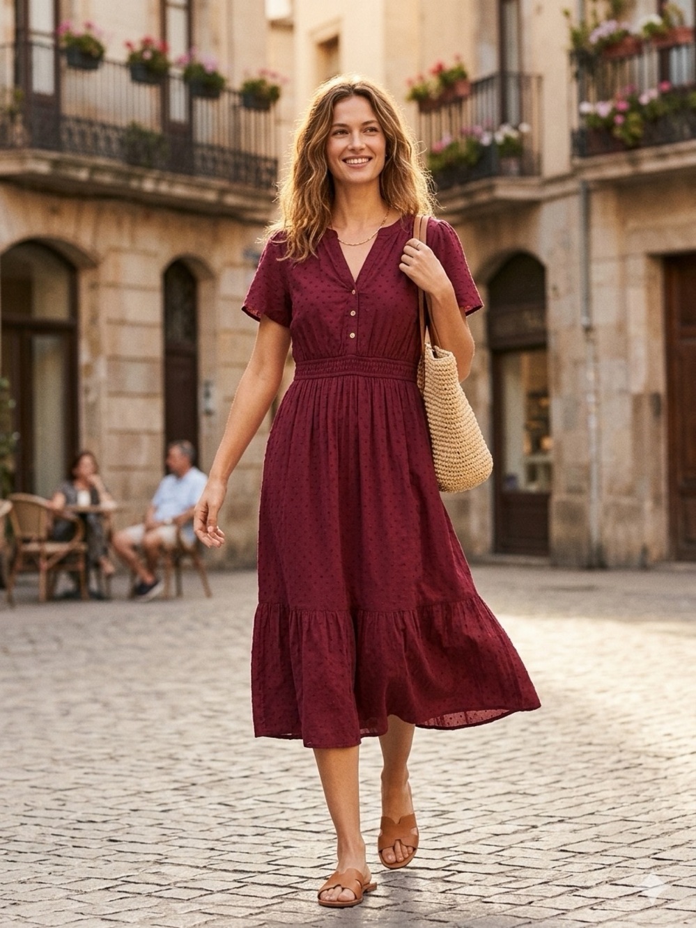 LOFT Burgundy Short-Sleeve Clip Dot Button-Front Midi Dress